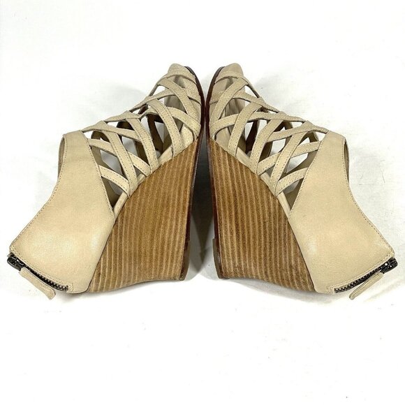 Eileen Fisher Sandals Womens 7 Beige Tan Caged Strappy Leather Wedge‎ Bohemian - Picture 9 of 11